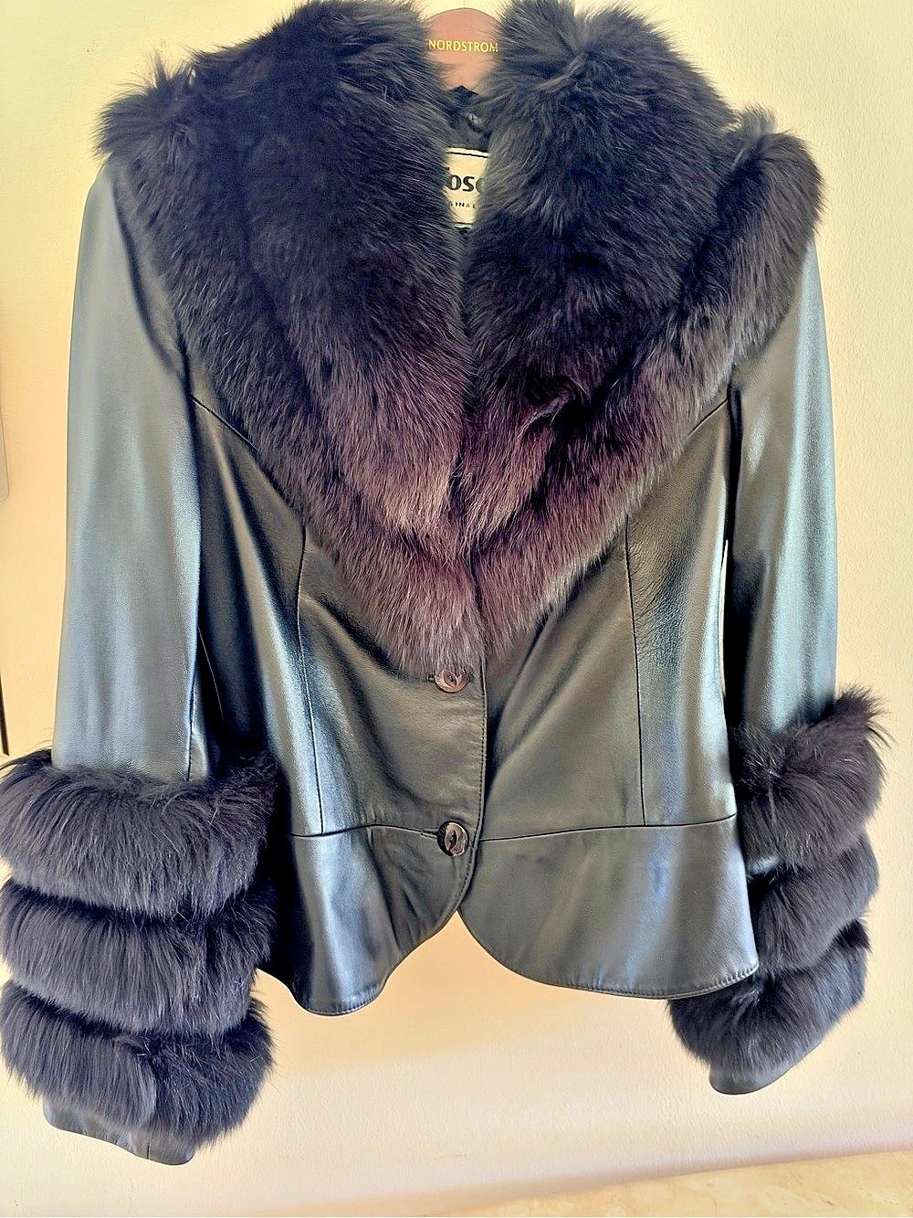 Toscani Black Leather Fur Trim Jacket Size Small Like New
